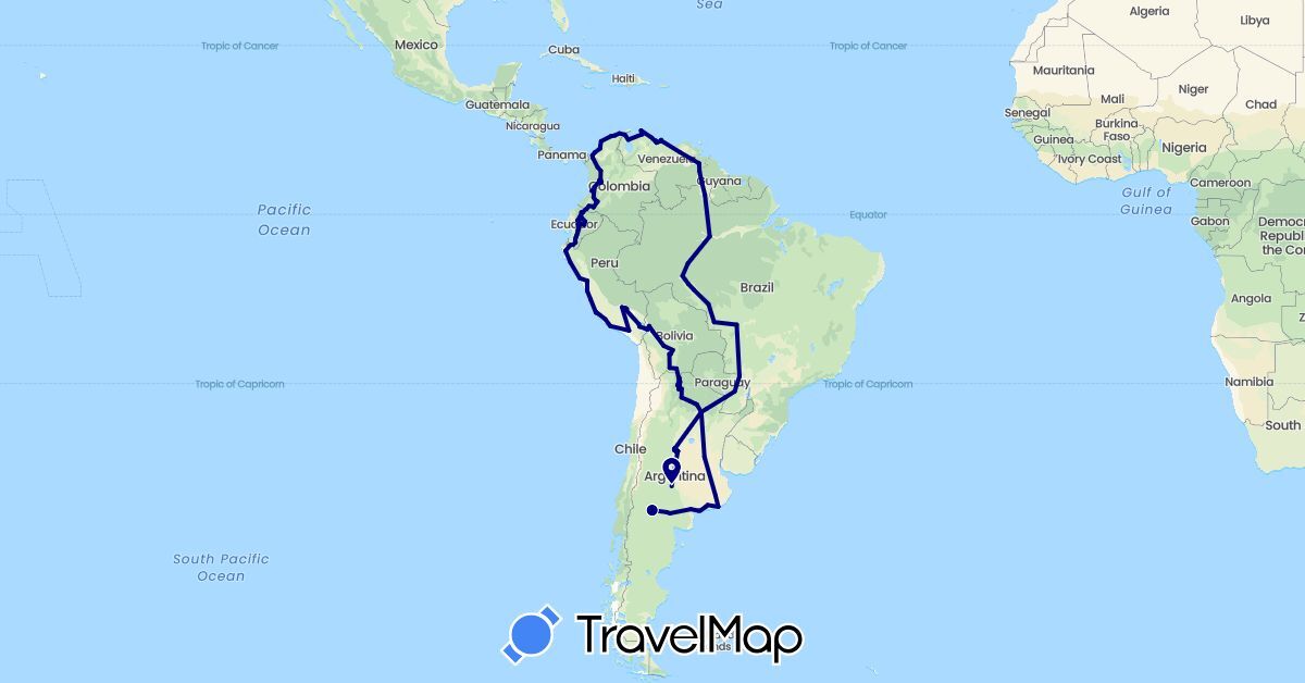 TravelMap itinerary: driving in Argentina, Bolivia, Brazil, Colombia, Ecuador, Peru, Paraguay, Venezuela (South America)